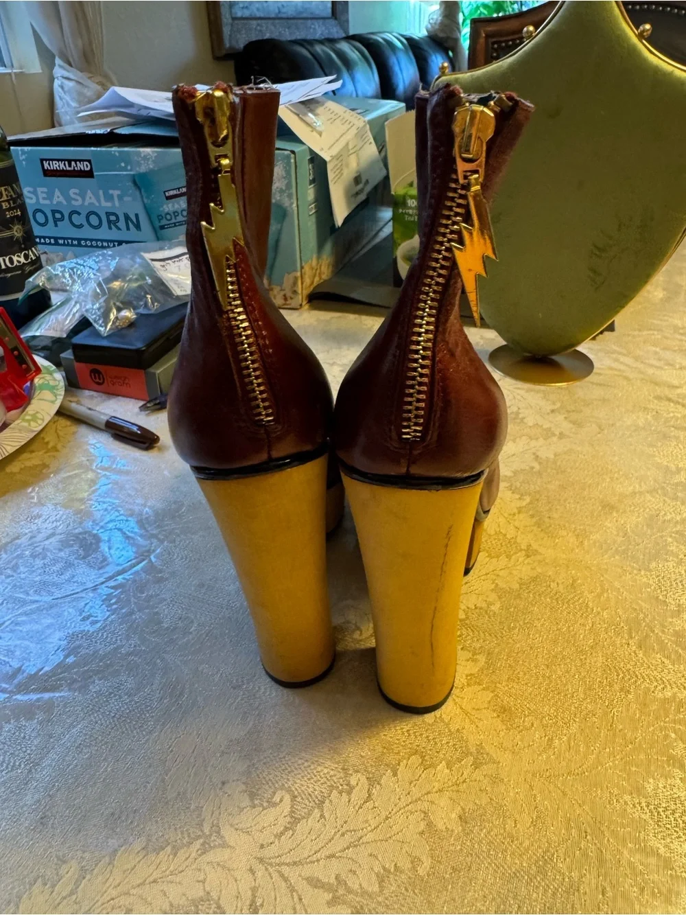 Betsey Johnson Maybill Cognac Leather Platform Boots Wood Block Heel 8M
